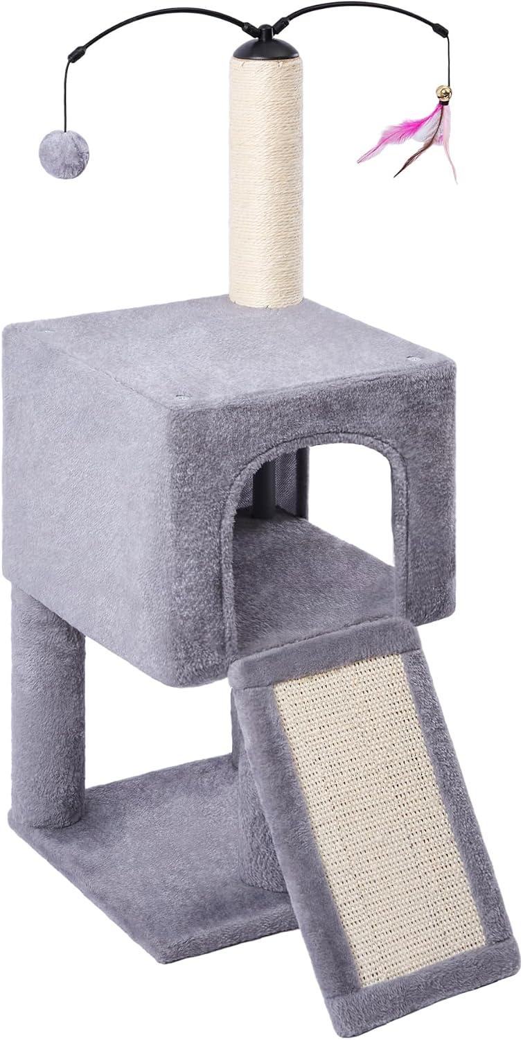 32" Cat Tree for Indoor Cats, 2-in-1 Cat House with Sisal Scratching Post & Ramp, 2-Level Cat Tower with Rotatable Feath