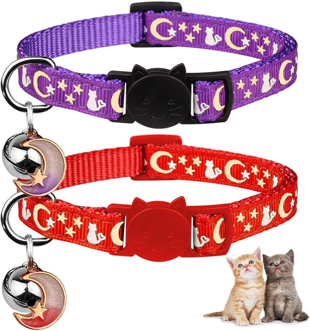 Baeuppit 2PCS Breakaway Cat Collars with Bell Cute Kitty Glow in The Dark Adjustable Kitten Collars(Grey&Black)