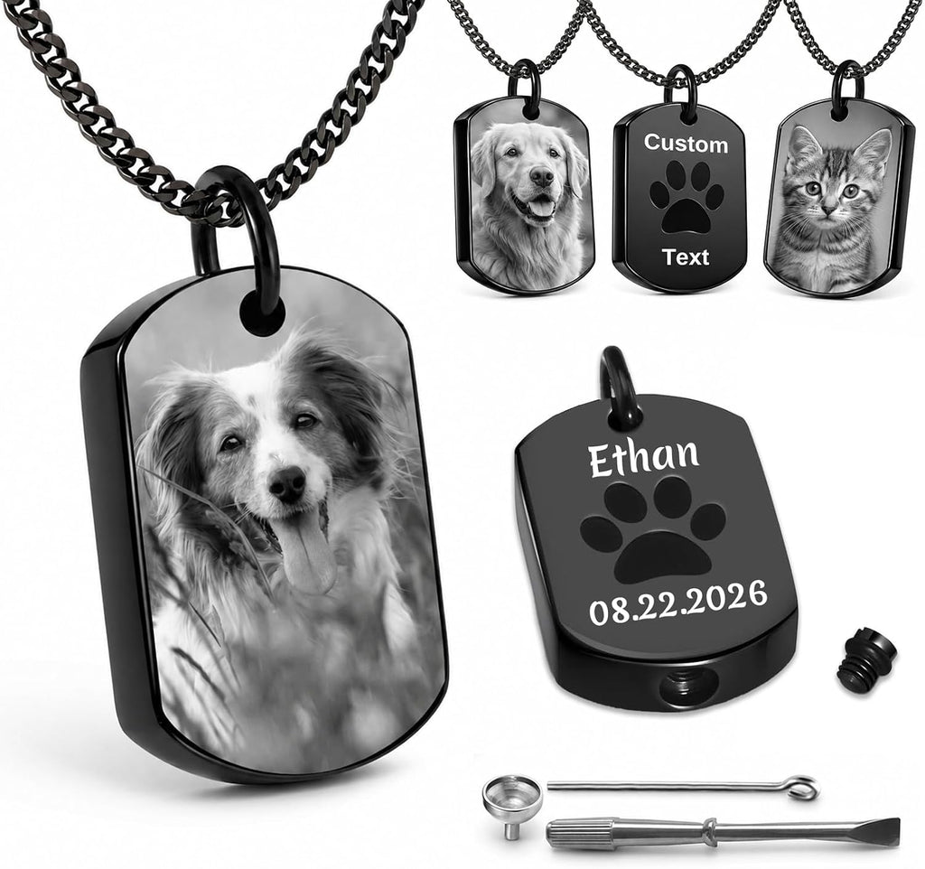 HJX Personalized Pet Ashes Necklace with Photo Text for Pet Lovers