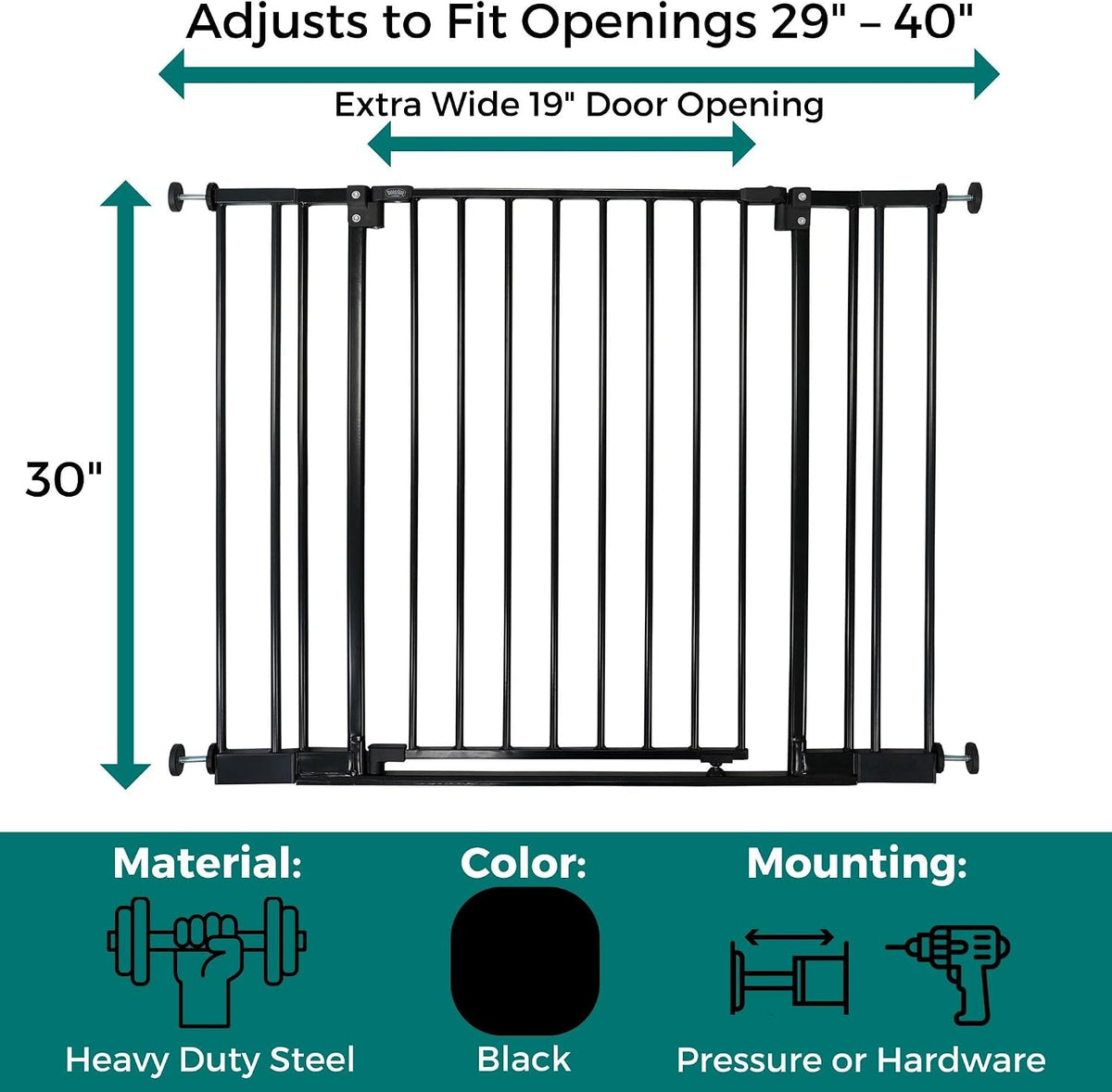 MYPET StepSafe Walk-Thru Pet Gate; 29-40" Wide, 30" Tall, Black