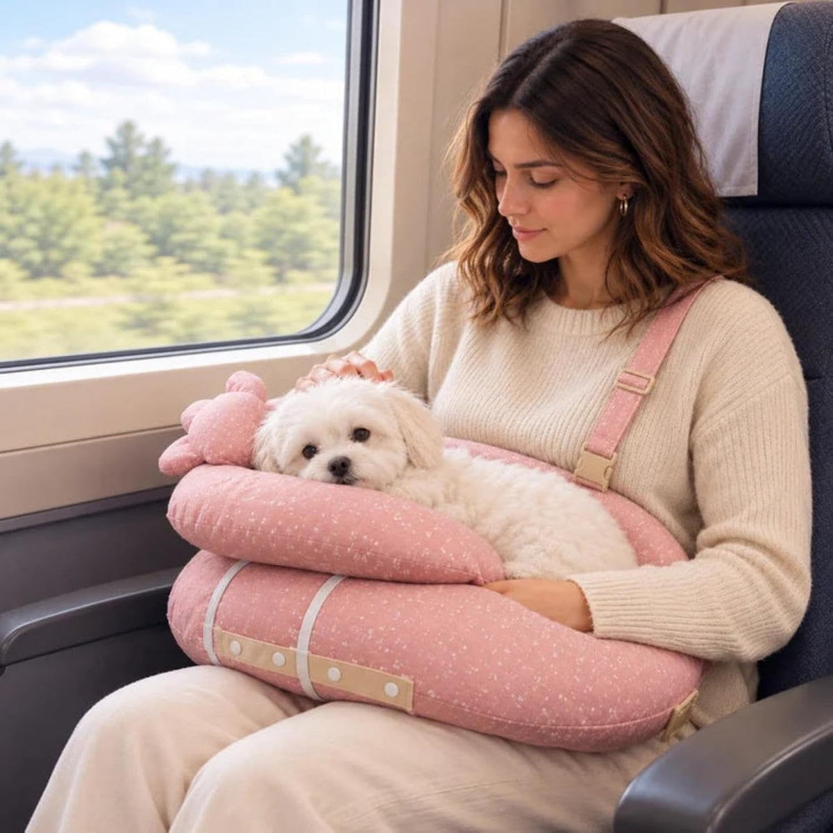 Soft Pet Travel Lap Pillow, U-Shaped Dog Car Seat Bed with Cute Bear Headrest, Portable Puppy Carrier Cushion for Train 