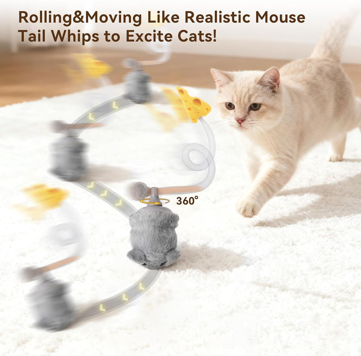 Migipaws Interactive MigiMouse Cat Toy 360° Rolling & Spin with Mesh Plastic Tail for Indoor Cats Smart Motion Sensor, R