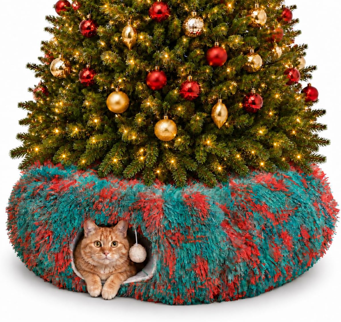 Fluffy Cat Tunnel Bed Under Christmas Tree, Plush Warm Brown