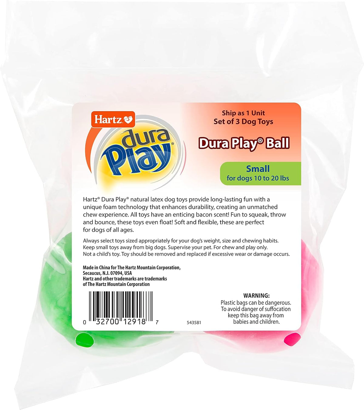 Hartz Dura Play Bacon Scented Squeak Ball Dog Toy for Small Breeds, 3 Pack