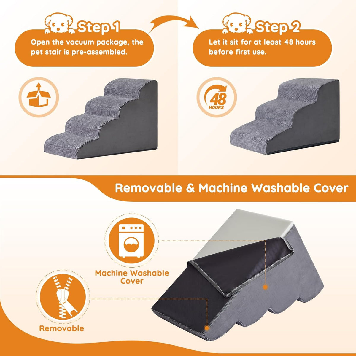 Dog Stairs for Small Dogs 19.7" H, Dog Ramp for Bed, 4-Step, Grey