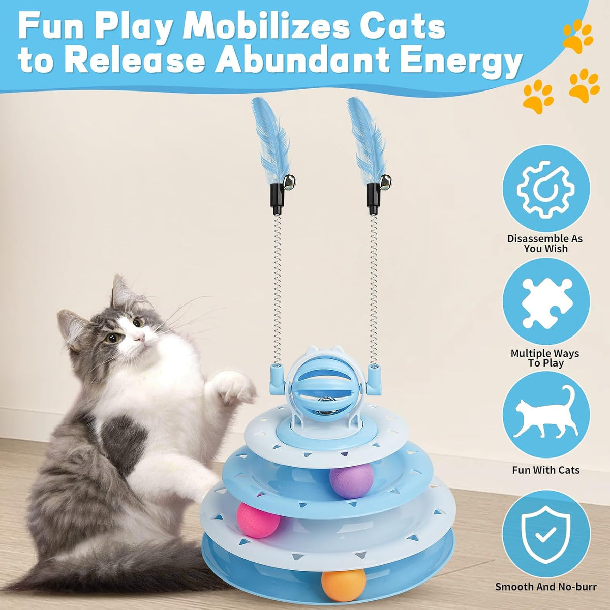 Interactive Cat Toys Kitten Puzzle Ball with 2 Cat Teasers (Blue)