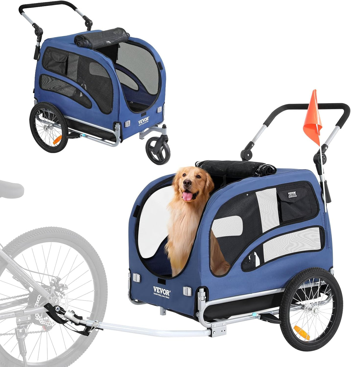 VEVOR Dog Bike Trailer, Supports up to 66/88/100 lbs, 2-in-1 Pet Stroller Cart Bicycle Carrier, Easy Folding Cart Frame 