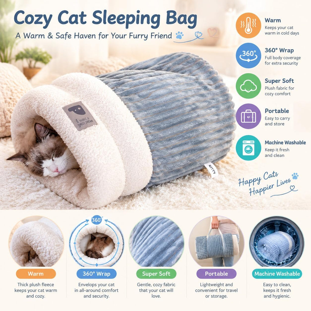 2Pcs Cozy Cat Cave Bed Warm Plush Enclosed Cat Sleeping Bag for Indoor Cats