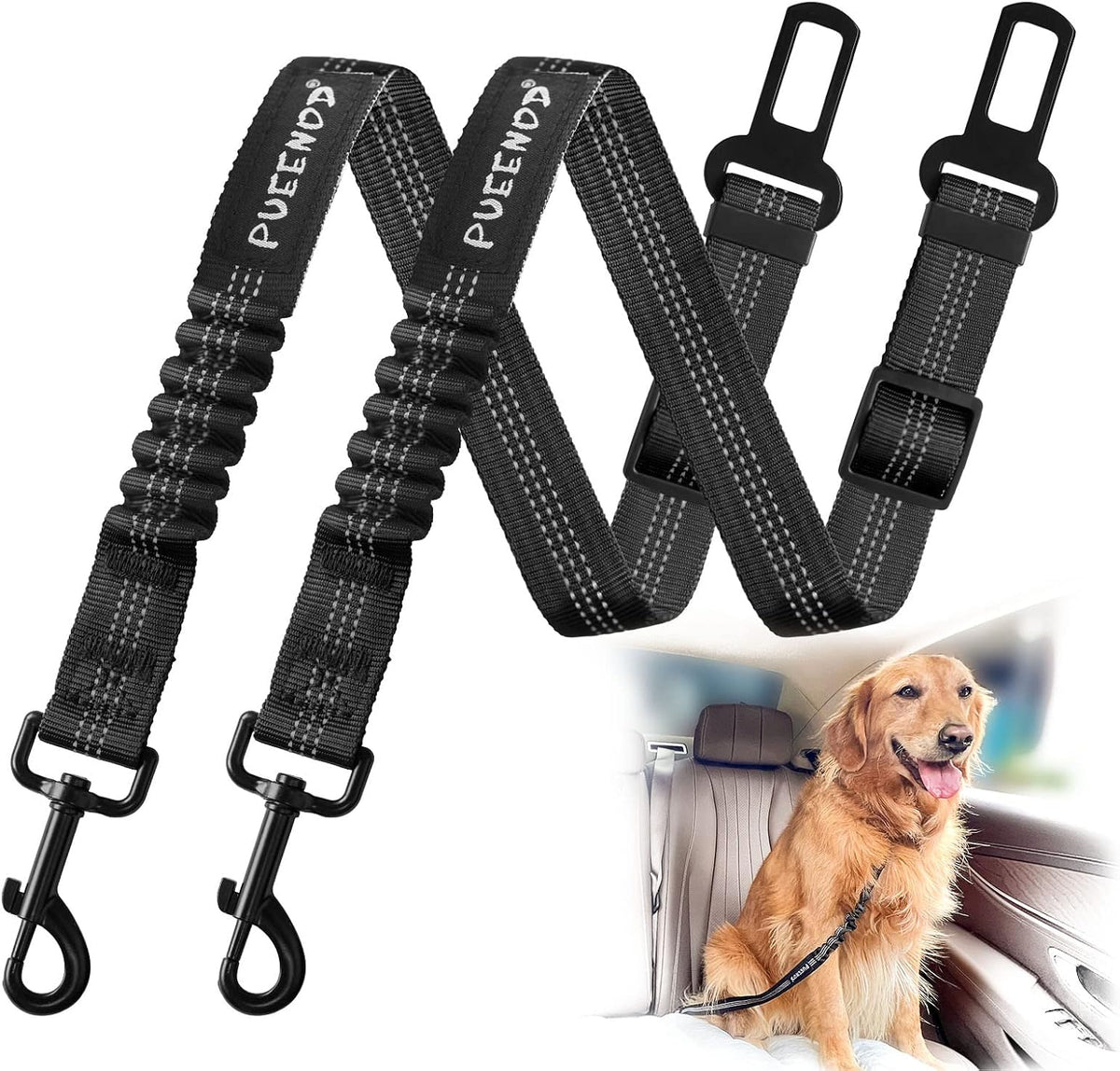 2 Pack Dog Seat Belt Adjustable Dog Car Seatbelts for Vehicle Nylon Pet Safety Seat Belt with Elastic Bungee Buffer Refl