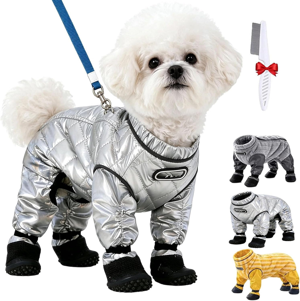 Dog Snowsuit with Attached Boots, Full Body Winter Dog Coat，#B：Small