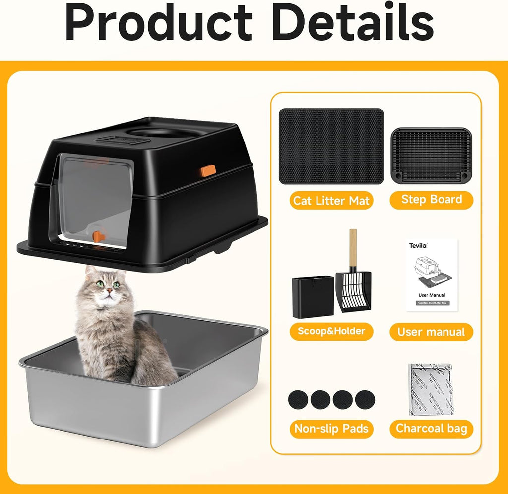 XL Enclosed Stainless Steel Litter Box with Lid & Mat,Black