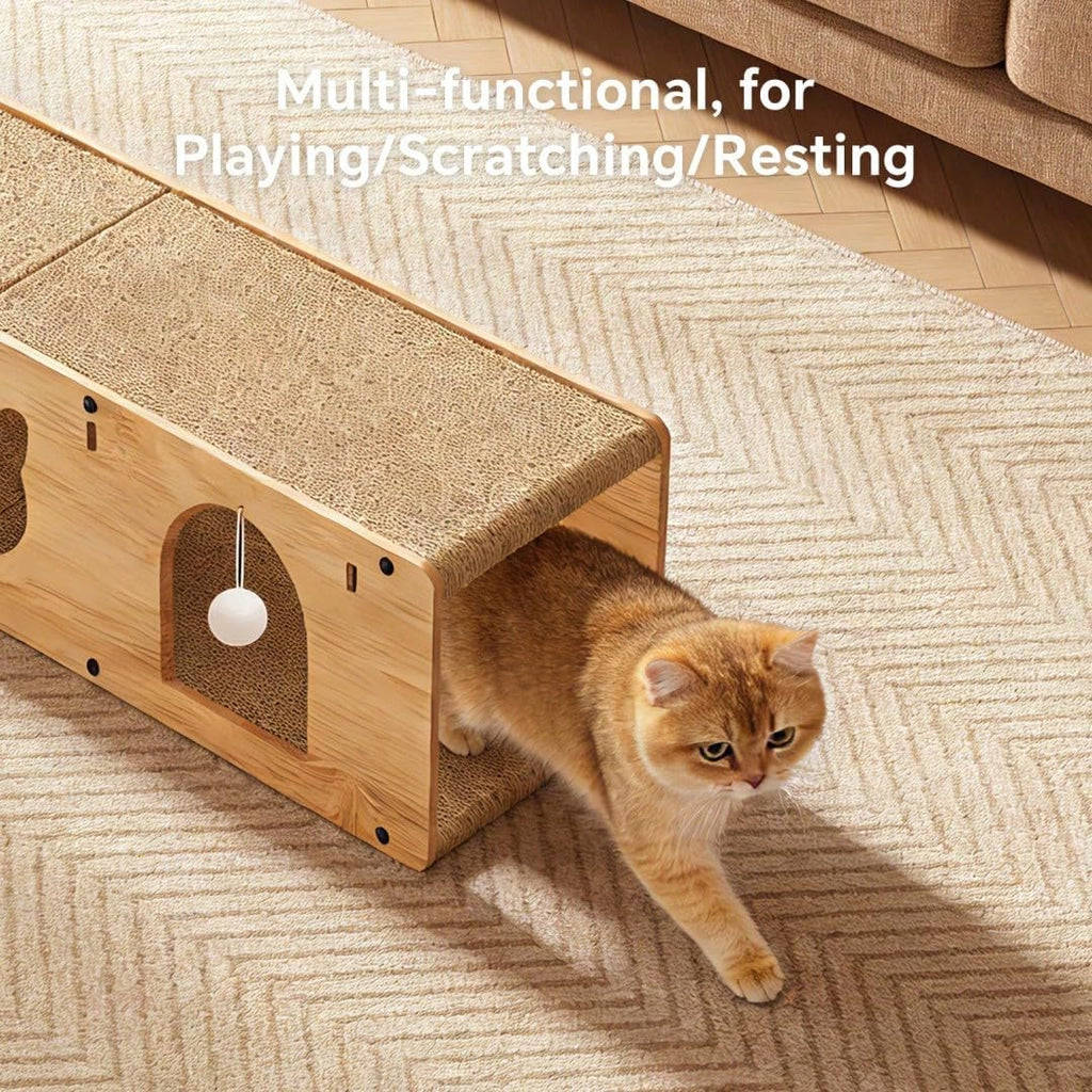 Cat Scratcher Bed, Wooden Extra Long 100cm Tunnel Hideout with Play