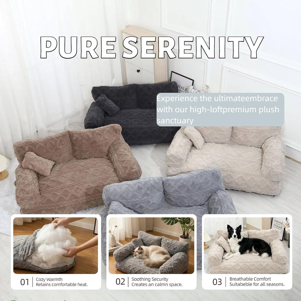 Pet Sofa Dog Cat Plush Calming Pet Sofa Bed for Indoor (Khaki, Small)