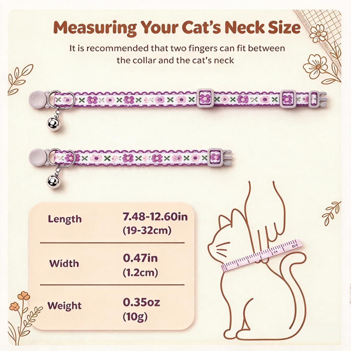 Personalized Breakaway Cat Collar with Name Tag, Embroidered Floral Collar