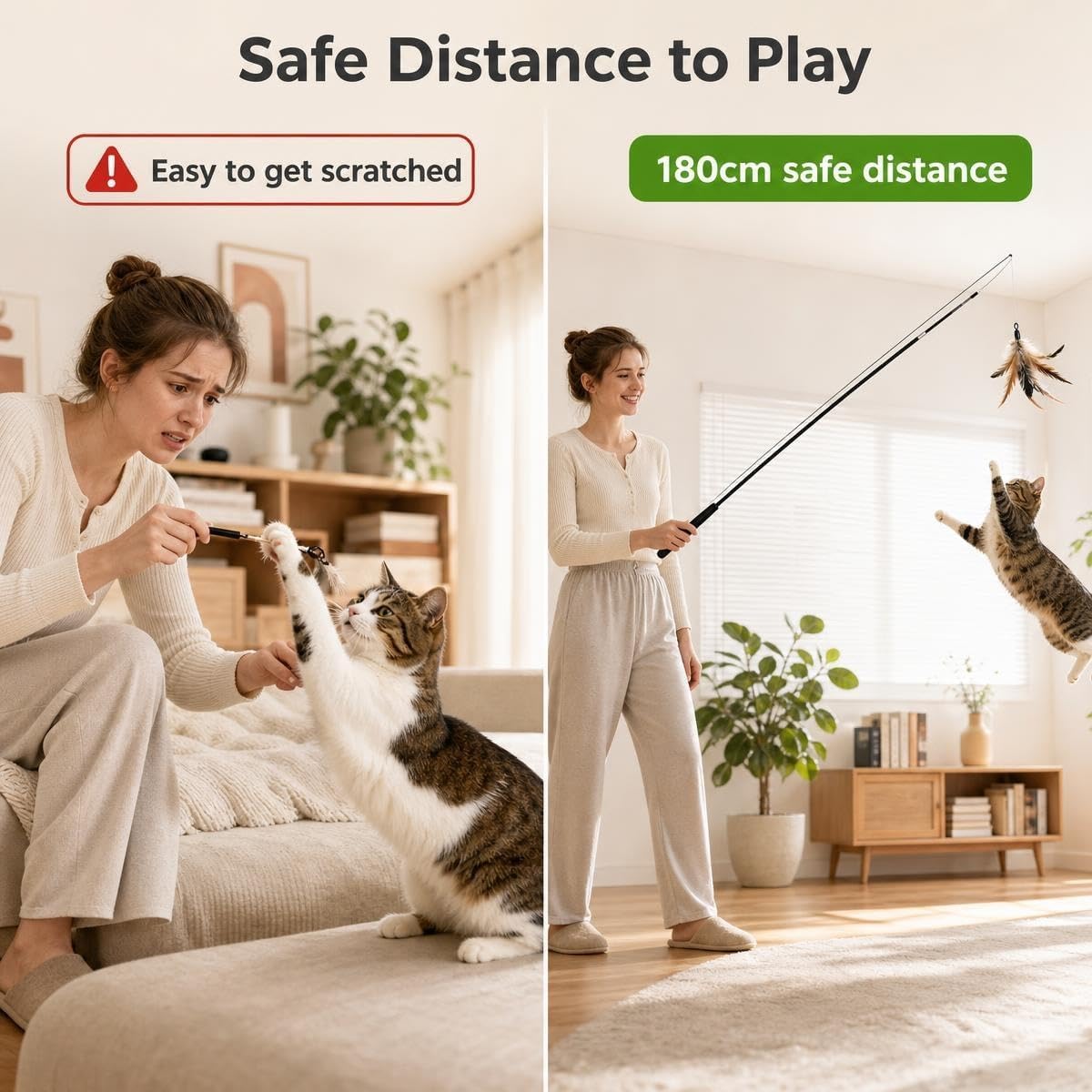 Interactive Cat Feather Wand Toy with 4 Feather Refills