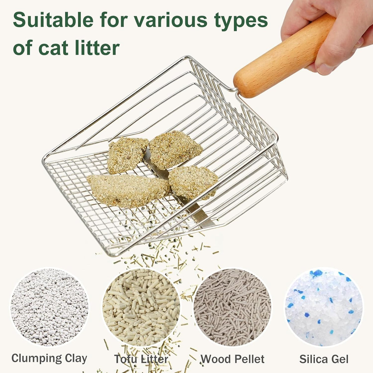 XBX Cat Litter Scoop with Holder, Heavy Duty Litter Sifter, Stainless Steel Litter Shovel, Litter Scooper with Beech Woo