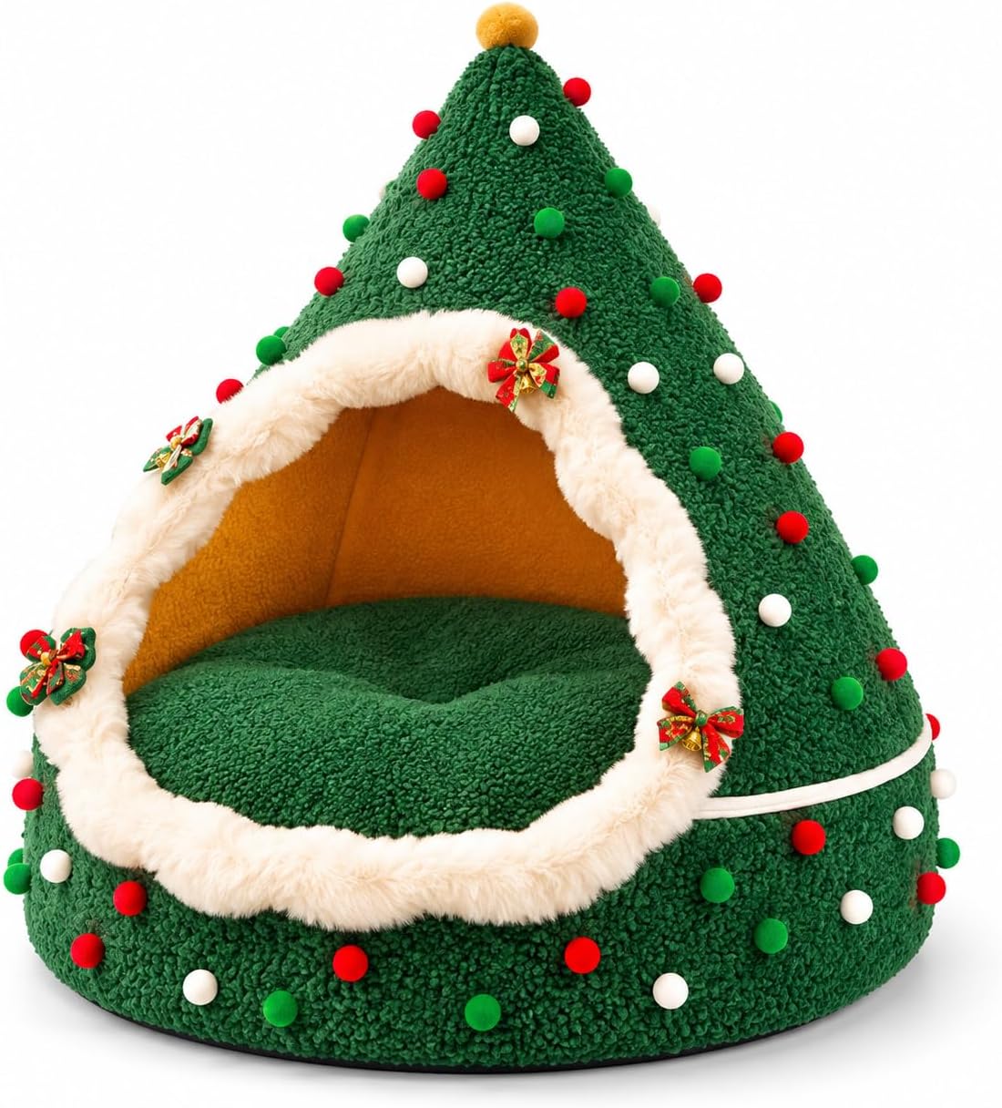 Christmas Tree Cat Bed, Cozy Holiday Cat Cave for Indoor Cats, 3D Christmas Cat House with Semi-Enclosed Hideaway, Folda