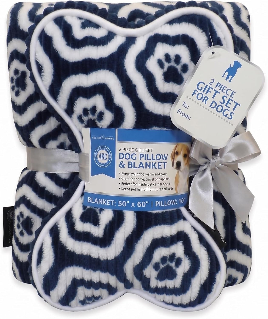 American Kennel Club 60''x50'' Pet Blanket & 10'' Pillow Set, Warm Plush Blanket for Dogs & Cats - Paw Print - Brown