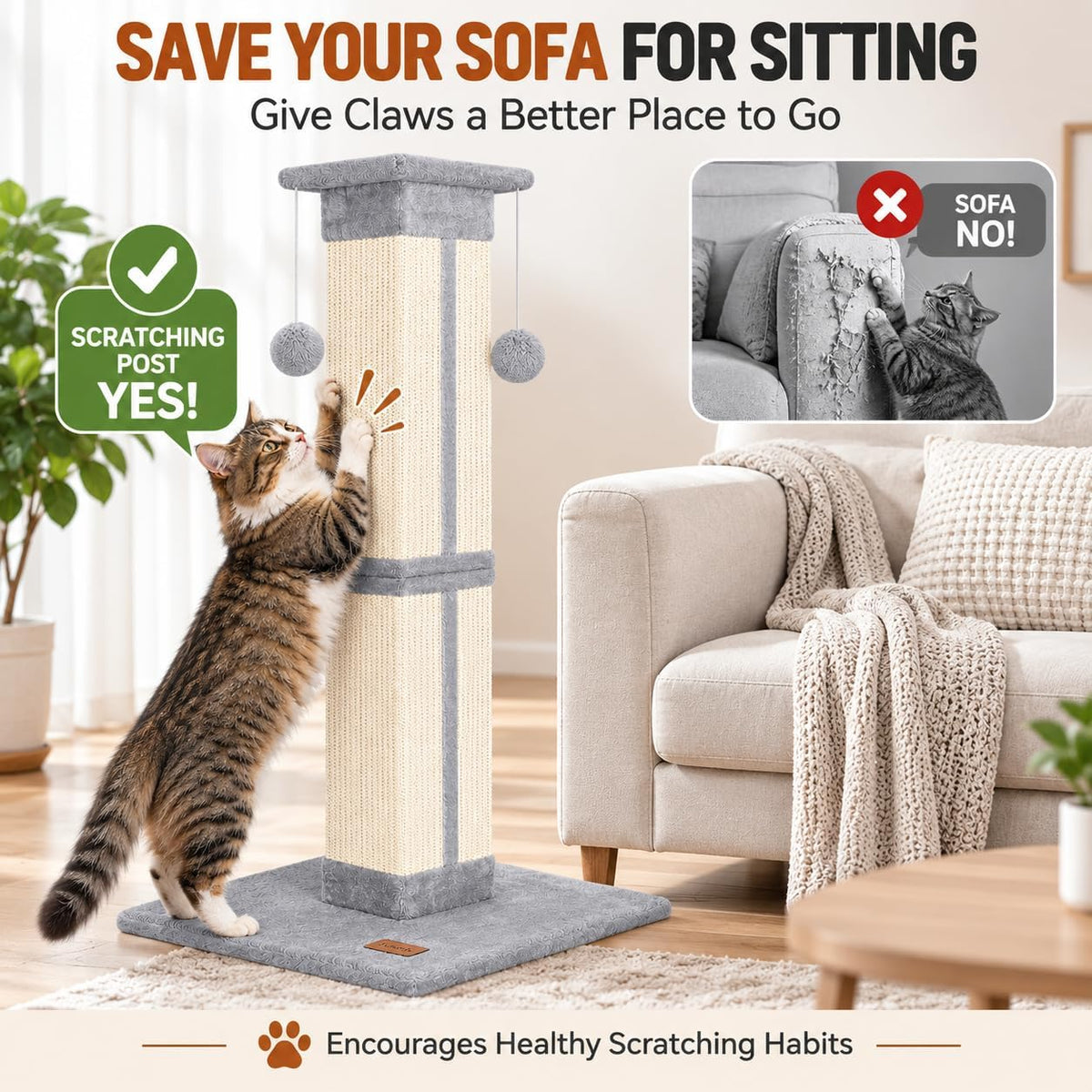 Cat Scratching Post 33 Inch for Indoor Cats, Grey