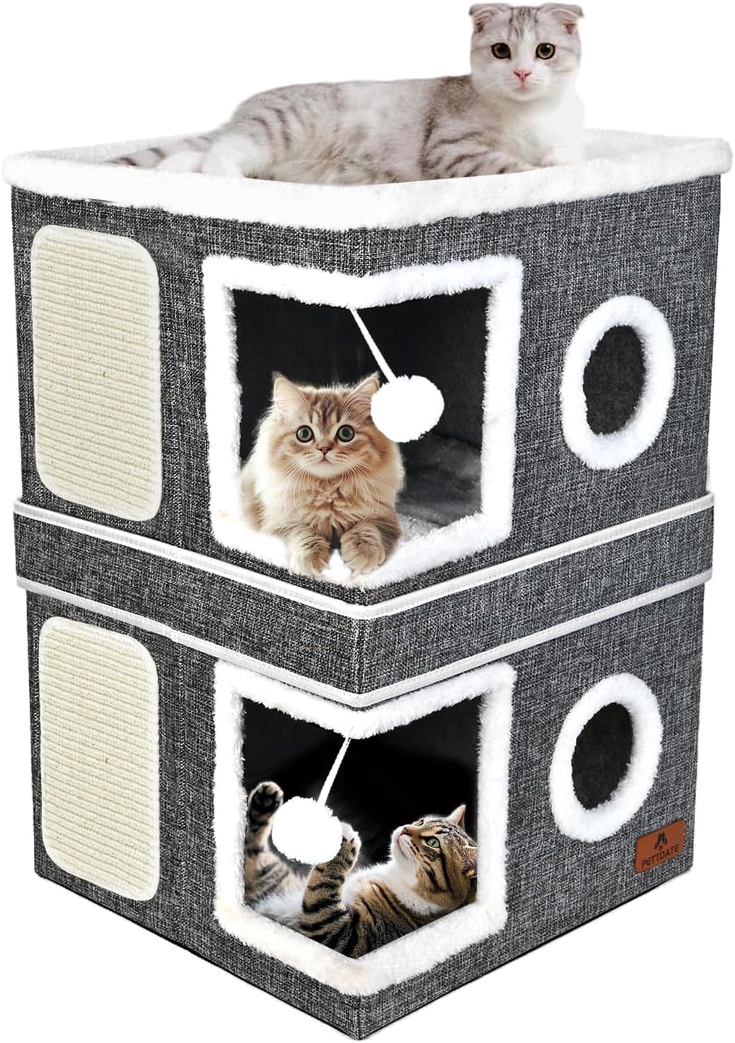 2-Story Cat House for Indoor Cats, Dual-Purpose Cave Bed with Scratch Pad and Fluffy Ball, Foldable Cat Hideaway, Cute C