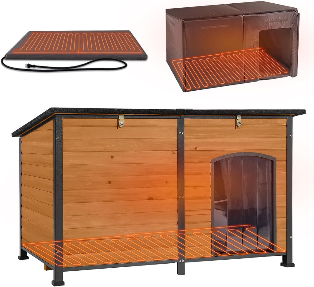 Heated Outdoor Insulated Dog House with Heating Pad and 6-Sided Insulation for Small Dogs and Feral Cats, Keeps Pets Coz