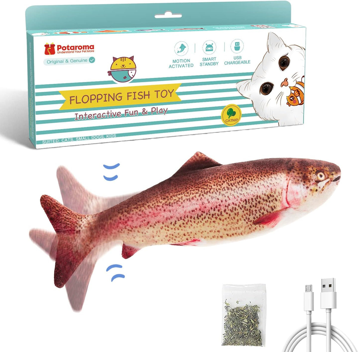 Potaroma Cat Toys Flopping Fish with Catnip, Moving Kitten Kicker, Floppy Wiggle Carp for Small Dogs, Interactive Motion