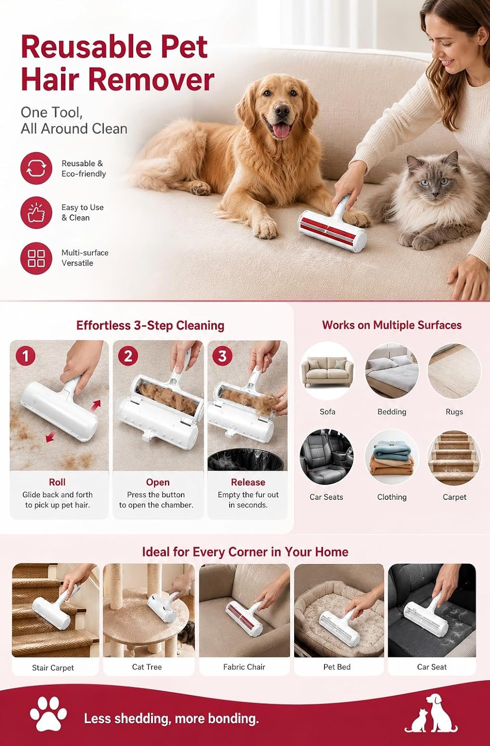 Reusable Pet Hair Remover Roller for Dog & Cat Hair, Self Cleaning, White