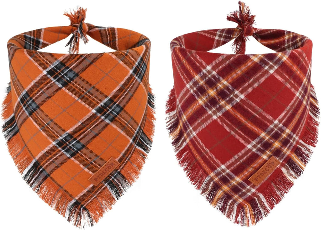 PTDECOR Fall Plaid Dog Bandana with Tassels,Thanksgiving Pet Scarf, Large
