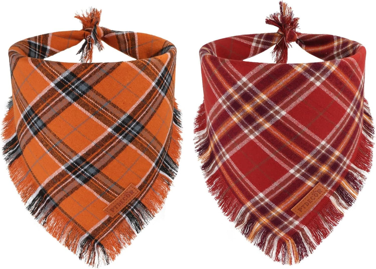 PTDECOR Fall Plaid Dog Bandana with Tassels,Thanksgiving Pet Scarf, Large