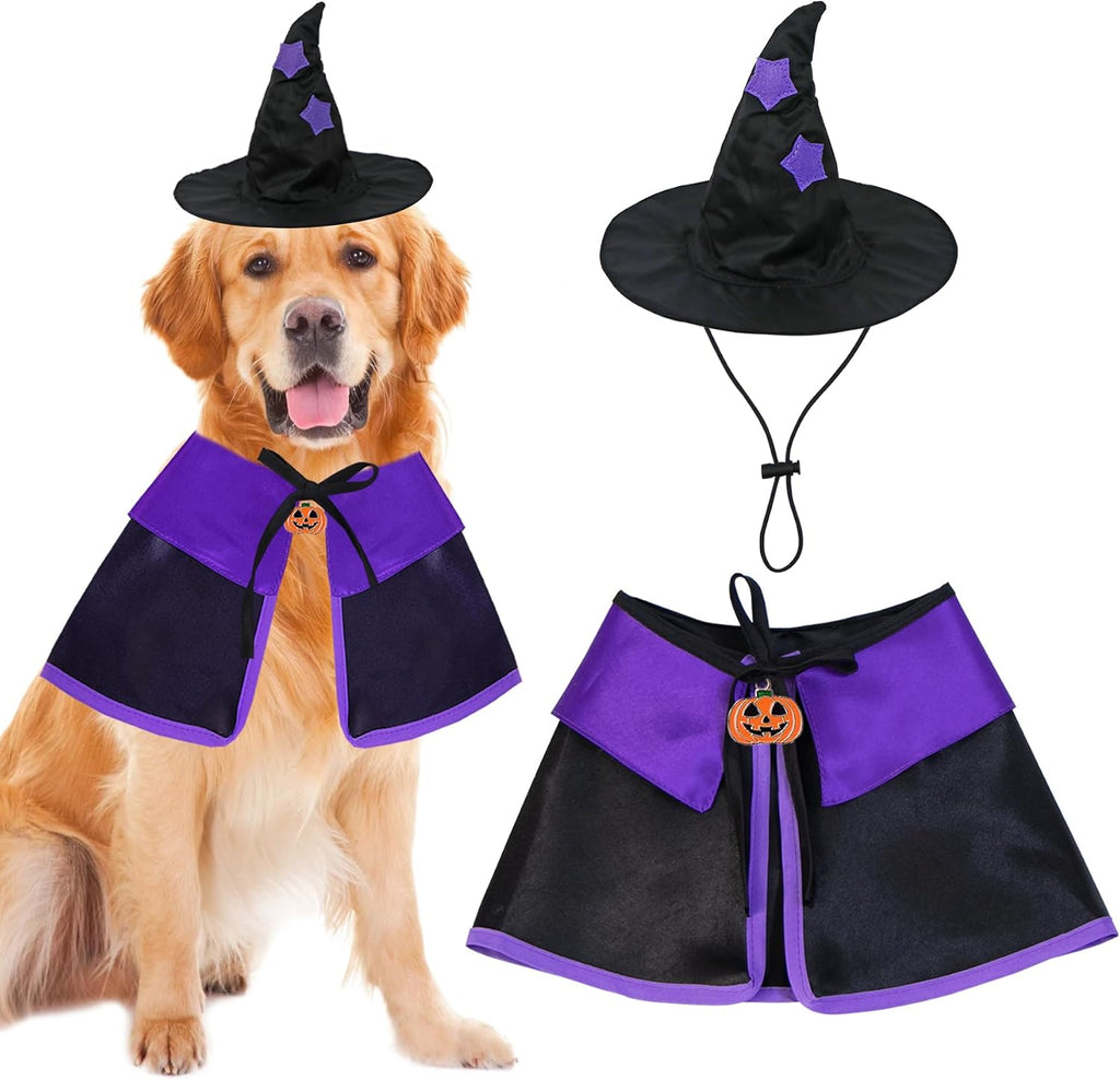 GOYOSWA Dog Halloween Costumes, Dog Witch Costume Halloween Dog Witch Cloak Cape Wizard Hat Halloween Costumes for Small