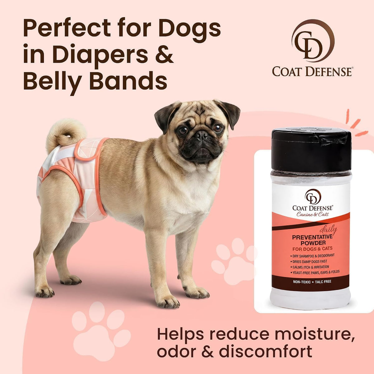 COAT DEFENSE Daily Preventative Powder | Made in USA | 3.5oz Waterless Dog Shampoo & Pet Deodorizer for Smelly Dogs | Pr
