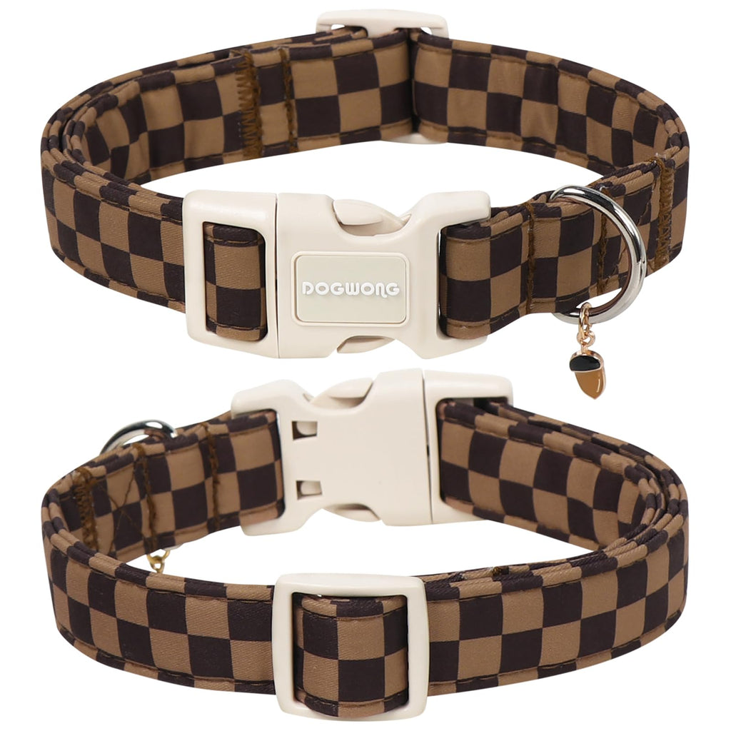 DOGWONG Brown Checked Dog Collar, Autumn Plaid Dog Collar,Western Grid Dogs Collars for Small Medium Dogs, Neck 11-16 inches