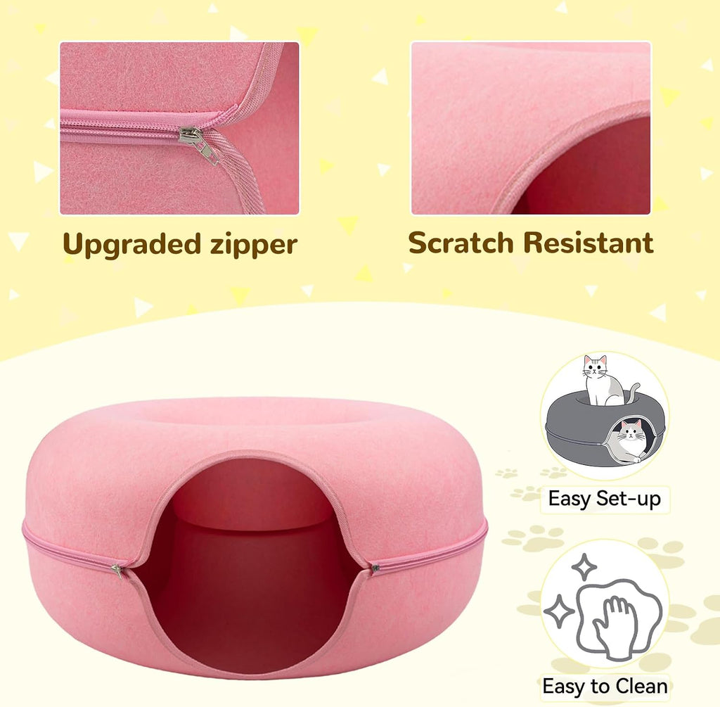 Large Peekaboo Cat Cave Donut Tunnel 24" for Indoor Cats, Pink