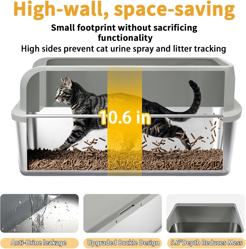 Stainless Steel Cat Litter Box - High Side Pan with Anti-Tracking Step,Rolled Edge & Leak-Proof Base,Cover,Scoop,Anti-Sl