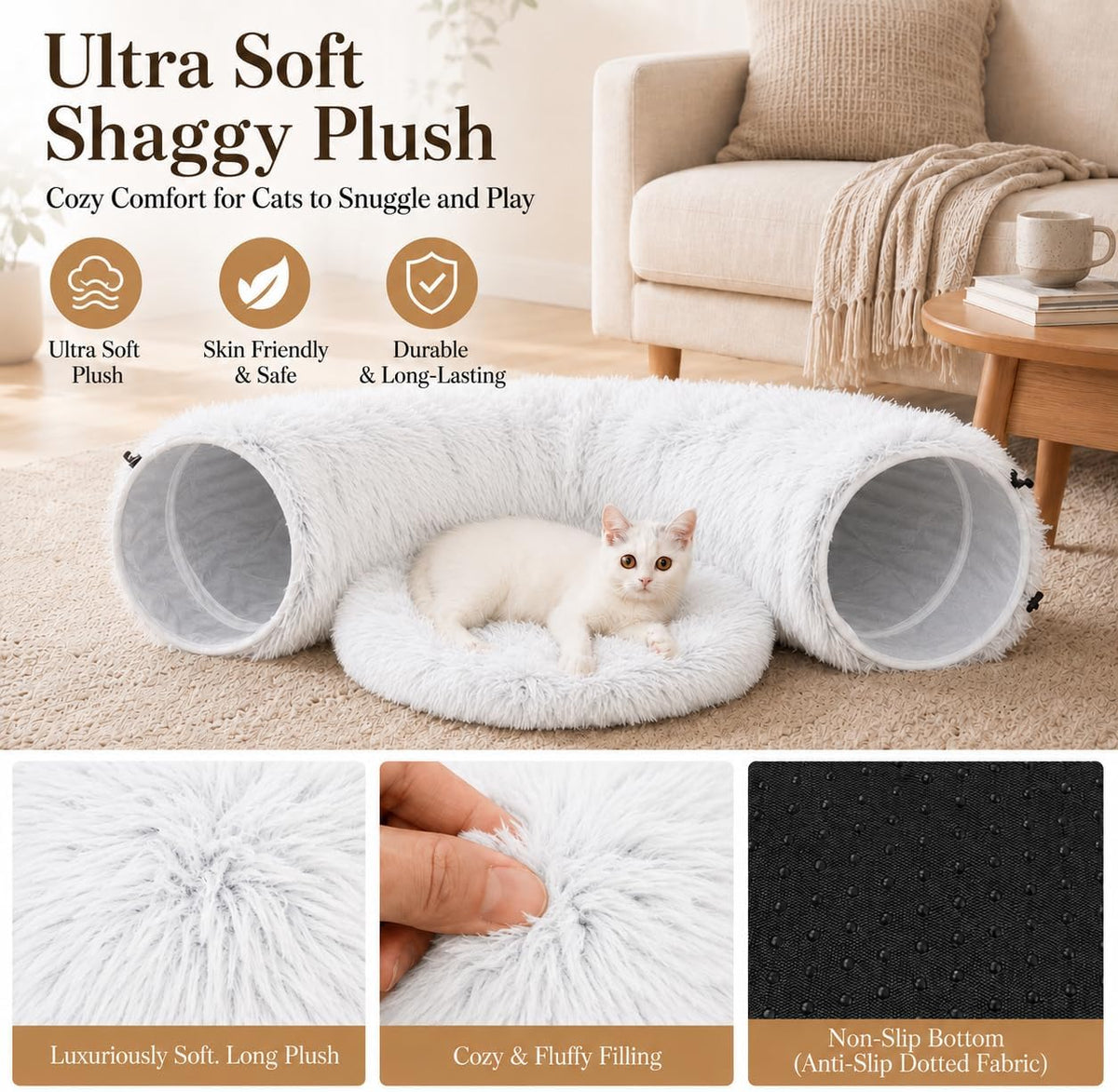 Fluffy Cat Tunnel Bed Under Christmas Tree, Plush Warm White