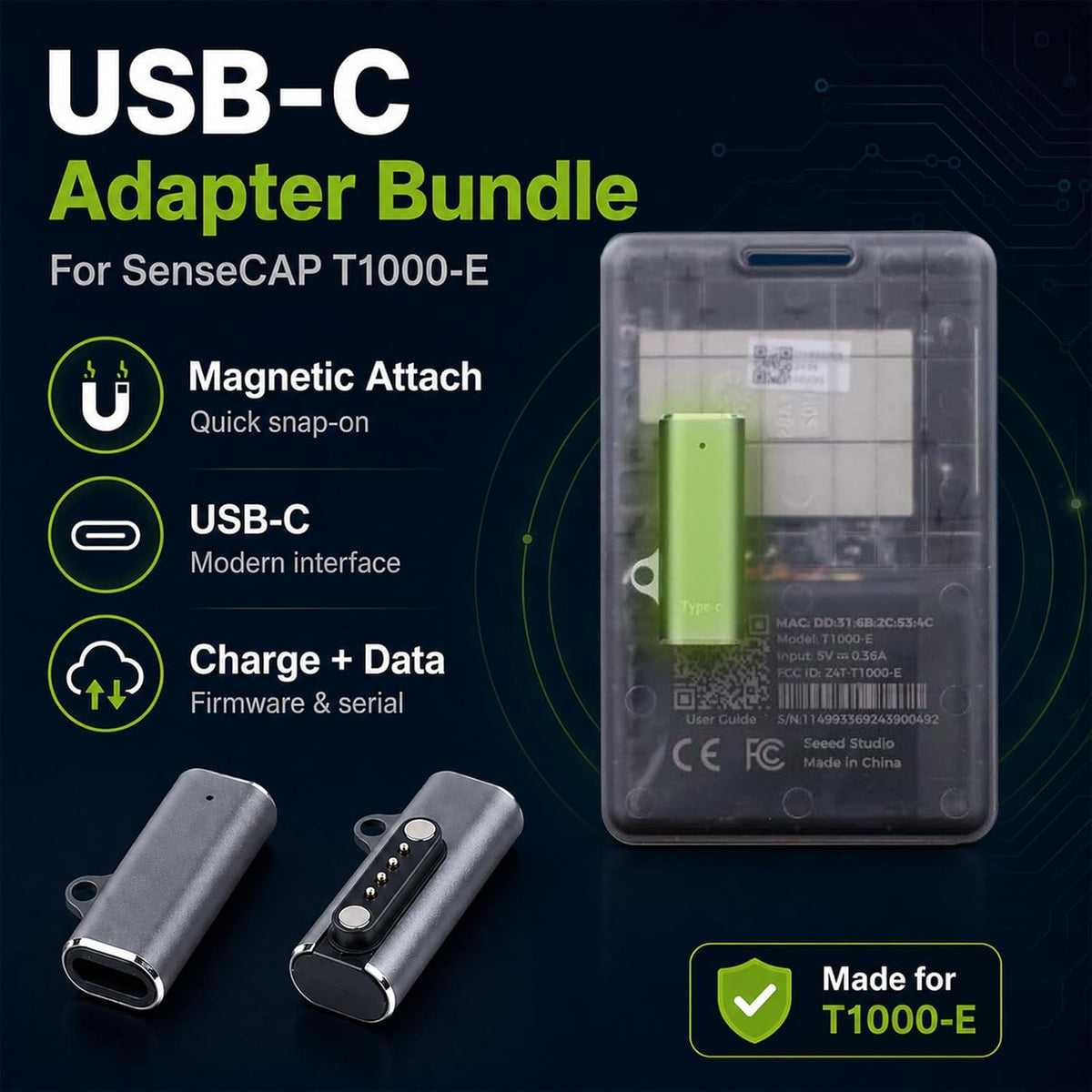 SenseCAP T1000-E Meshtastic Tracker + USB-C Charging & Data Adapter Bundle