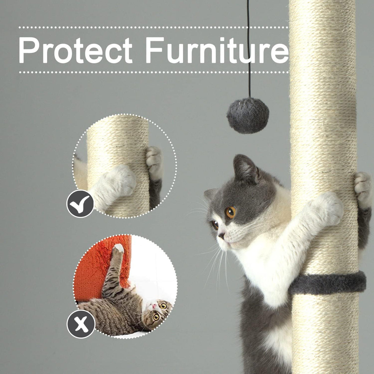 PEEKAB 32" Tall Cat Scratching Post Sisal Scratch Posts,with Hanging Ball and Self-Massage Brush Vertical Scratcher for 