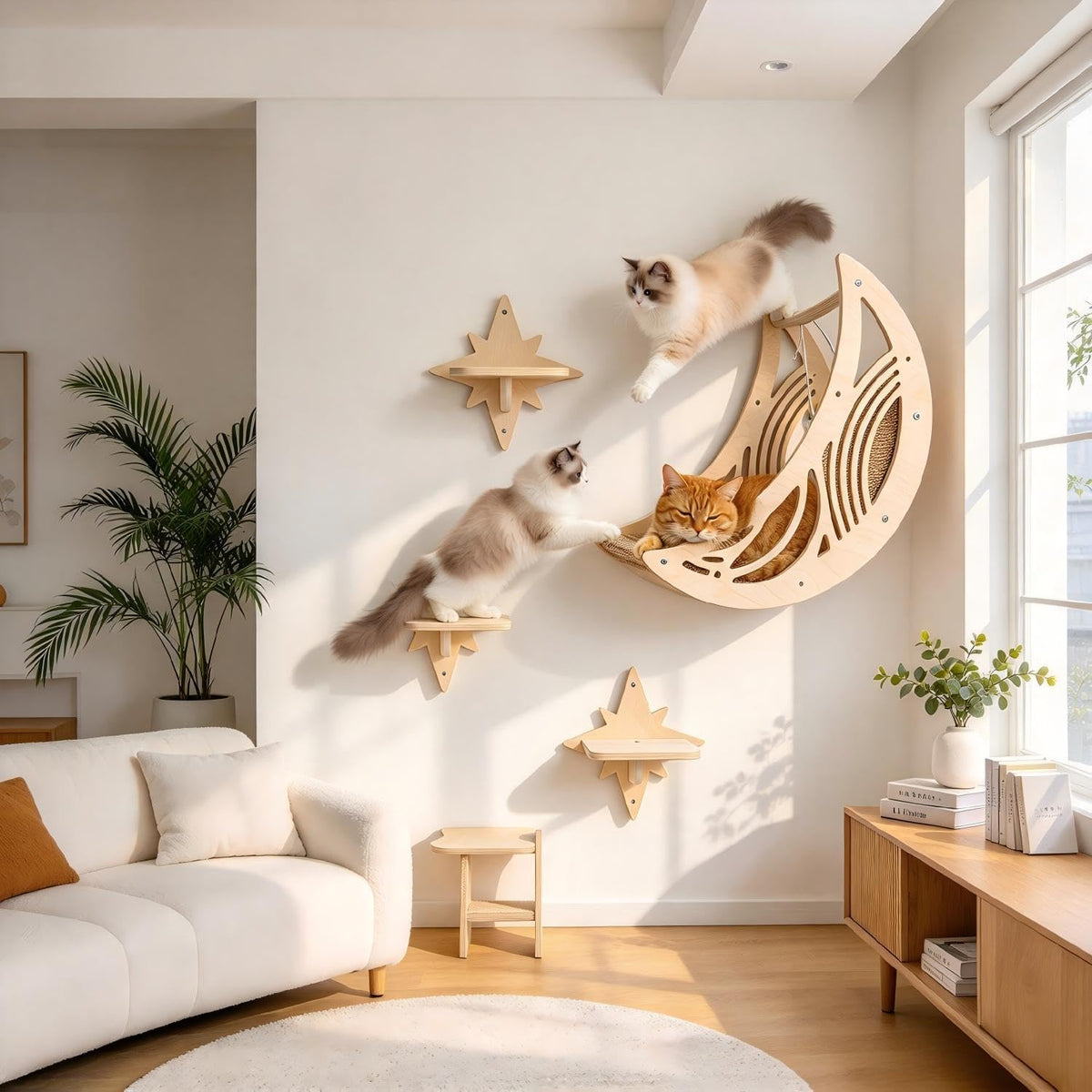 Moon & Star Cat Wall Shelves - Boho Wooden Indoor Cat Climbing Furniture
