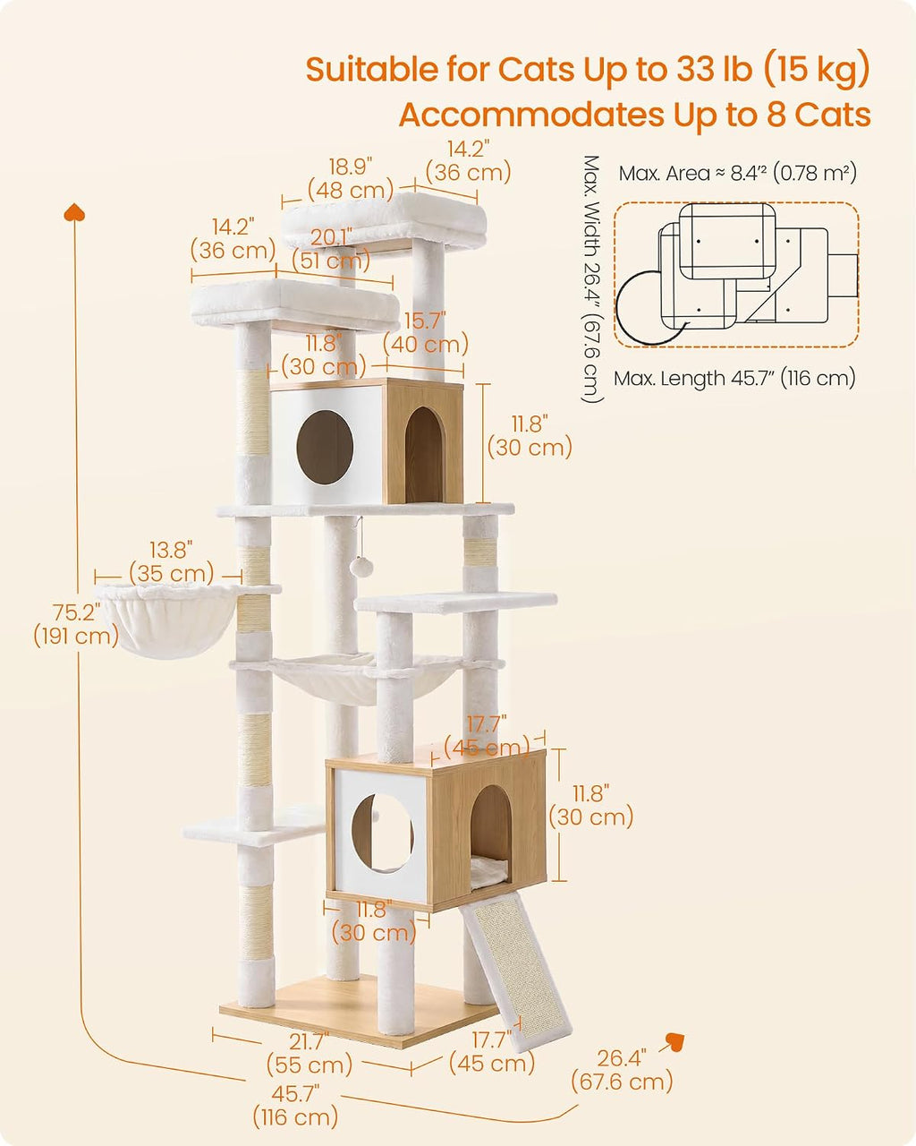 Feandrea Tall Cat Tree, 8-Tier Wood Tower with 2 Condos, Scratching Post