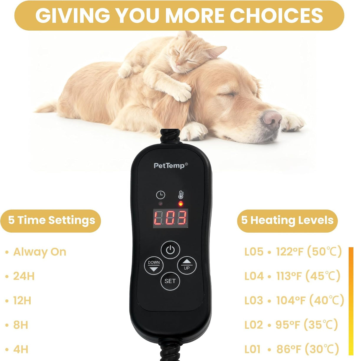 Dog Heating Pad, Heated Cat&Dog Bed, 5 Temps & Timer, Safety Listed, Brown