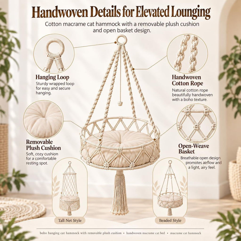 12-16in Boho Hanging Cat Hammock with Removable Plush Cushion (C, 16 * 48in)