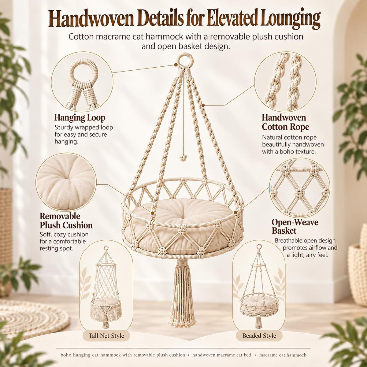 12-16in Boho Hanging Cat Hammock with Removable Plush Cushion (C, 16 * 48in)