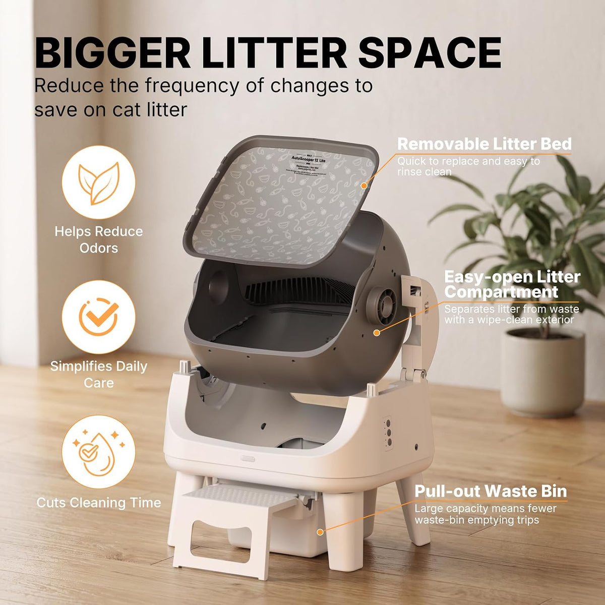 Automatic Cat Litter Box with Wide Open-Top & Easy-Access Step for Cats 3–17 lb, Self Cleaning Cat Litter Box with 8L Wa