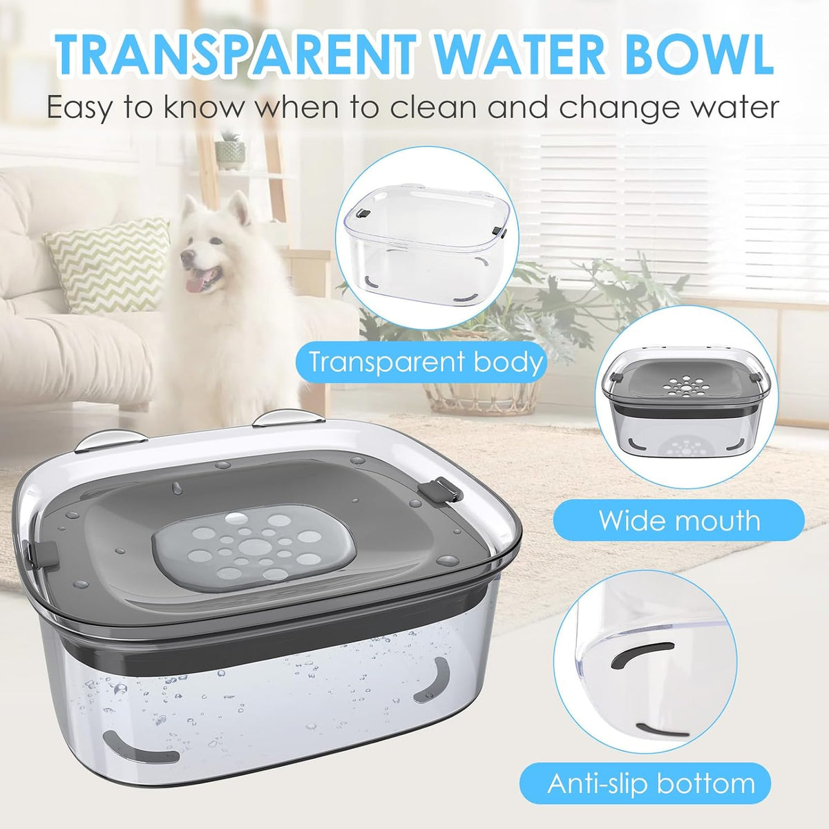 3L No Spill Dog Water Bowl with Slow Drinking Disk(Gray)