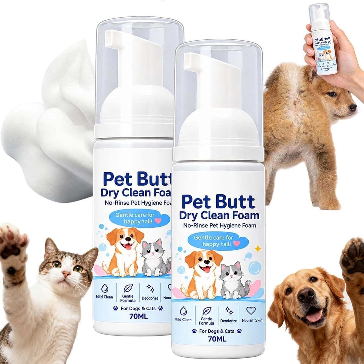 Pet Butt Dry Clean Foam for Dogs & Cats, Gentle Care & Cleansing