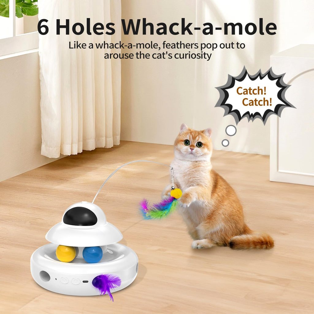 MOHAYA Cat Toys，4-in-1 Interactive Cat Toy for Indoor Cats with Laser, Fluttering Butterfly, Moving Feather and Track Balls - USB Rechargeable Self-Play Kitten Toy (White)