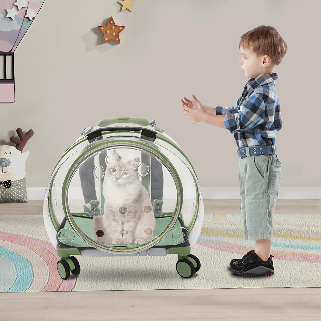 Rolling Cat Carrier Transparent Hard Shell Pet Travel Bag with Wheel(Greem)