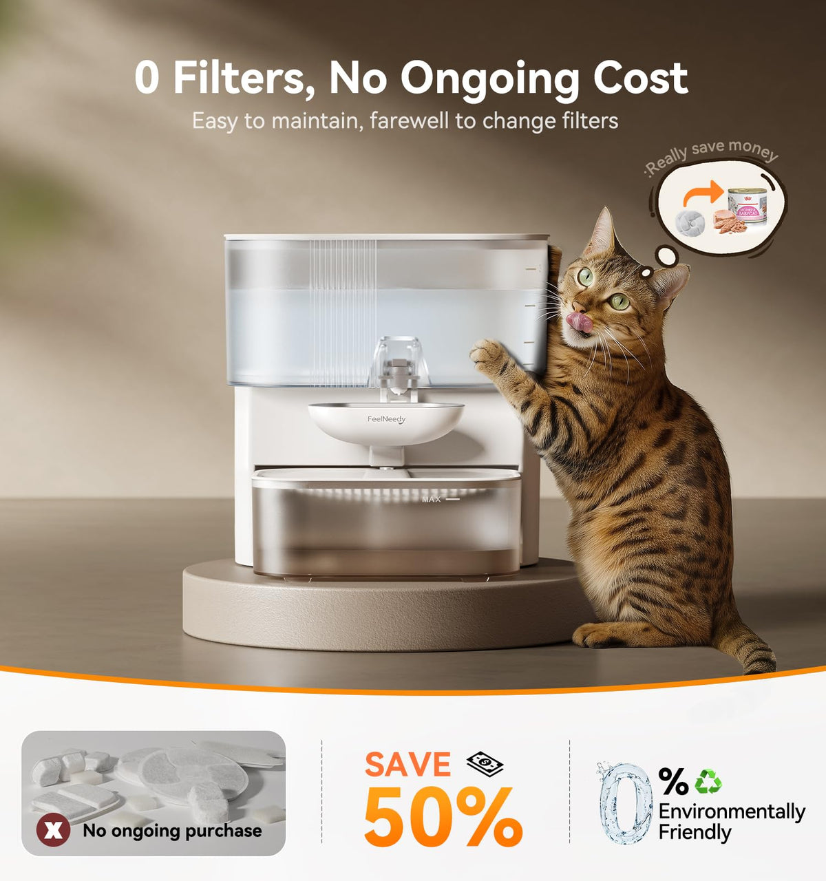 Wireless Cat Water Fountain No Filters, Wastewater Separation, FEELNEEDY Stainless Steel Bowl, 3.5L Pet Water Fountain for Cats & Dogs Dispenser, White