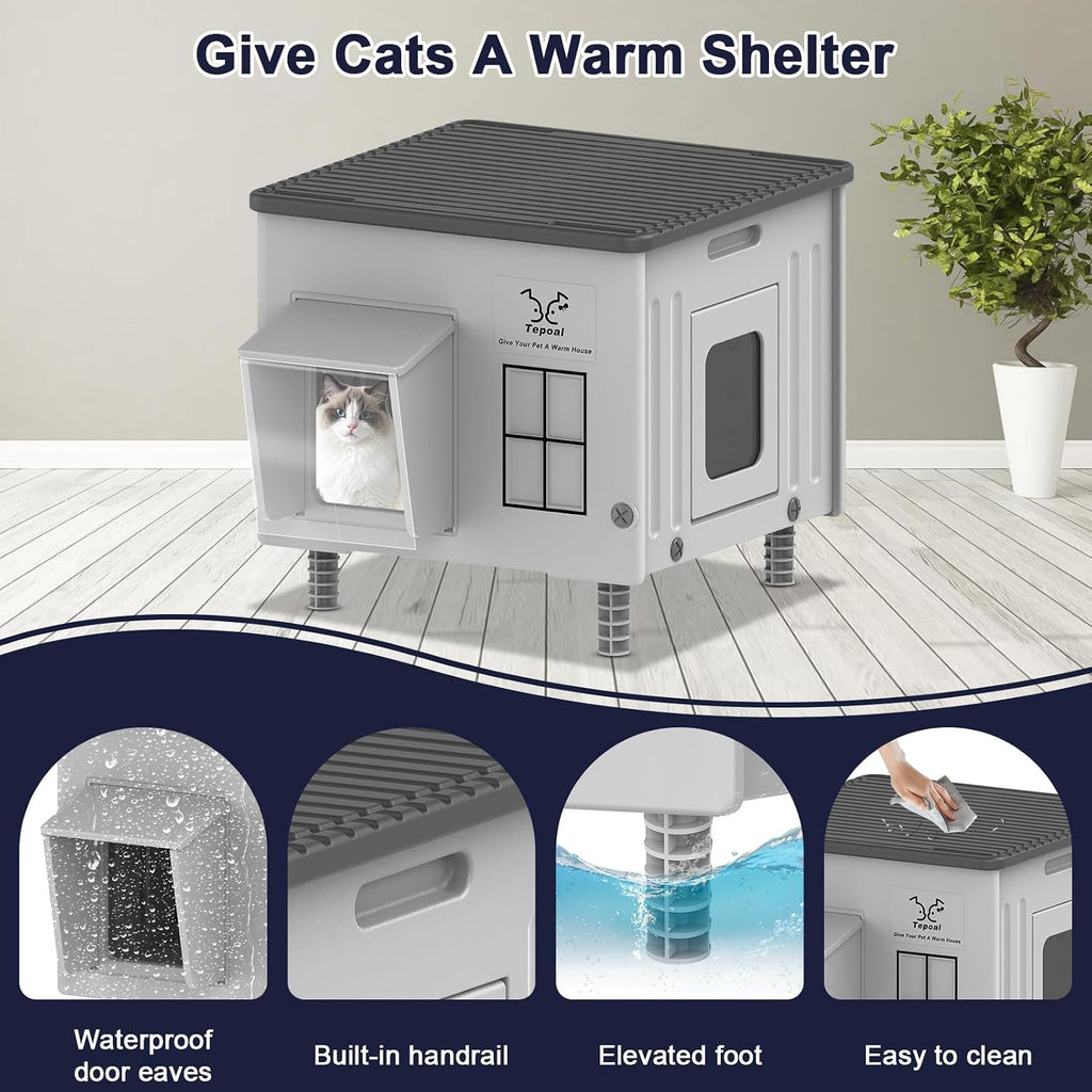 17.7"x17"x17.5" Indestructible Heated Cat House for Outside Winter, Weatherproof Outside Cats Shelter with Safety Escape