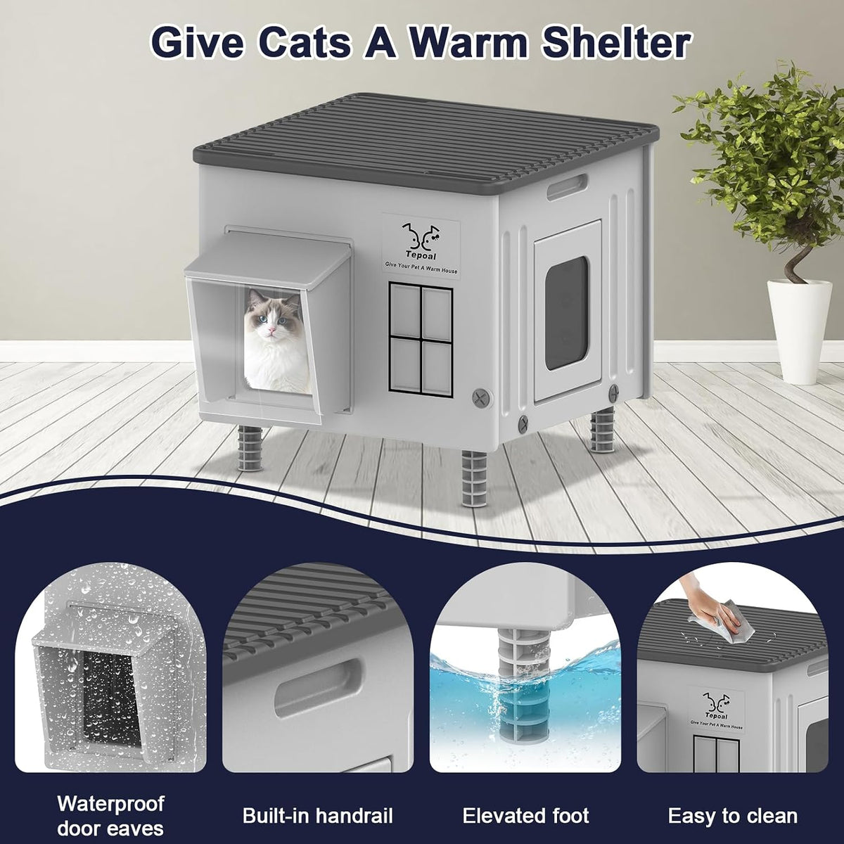 17.7"x17"x17.5" Indestructible Heated Cat House for Outside Winter, Weatherproof Outside Cats Shelter with Safety Escape